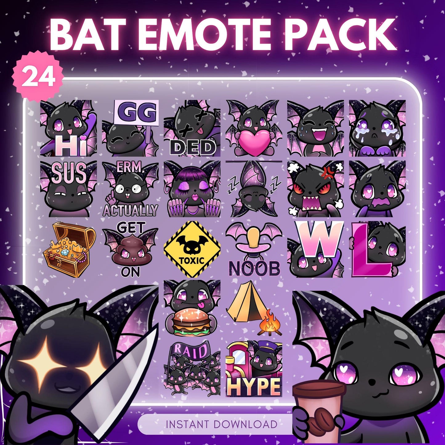 Cute black bat emotes for TWITCH & DISCORD - pack... | Emote Pack for Twitch & Discord