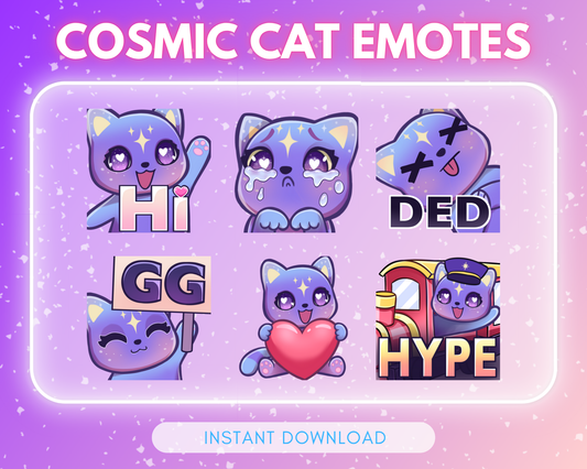 Purple Cosmic Cat Emote pack - 6 Static Emotes