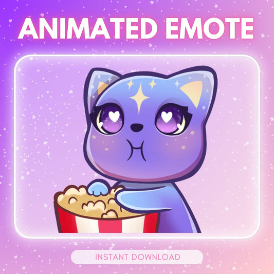 Cute popcorn eating purple cosmic kitty cat | Animated Emote for Twitch & Discord