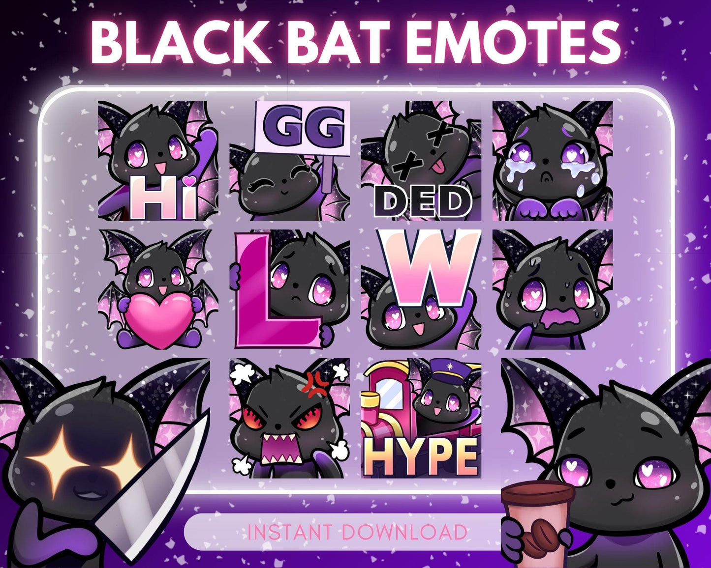 Cute chibi black bat Emote Pack Steamer starter... | Emote Pack for Twitch & Discord