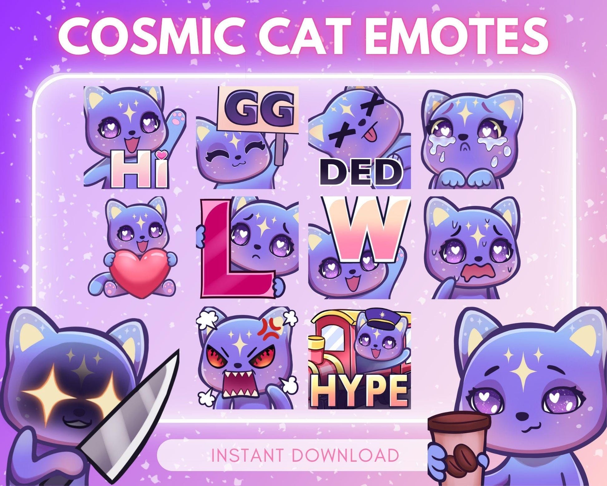 Cute chibi cosmic cat Emote Pack Steamer starter... | Emote Pack for Twitch & Discord