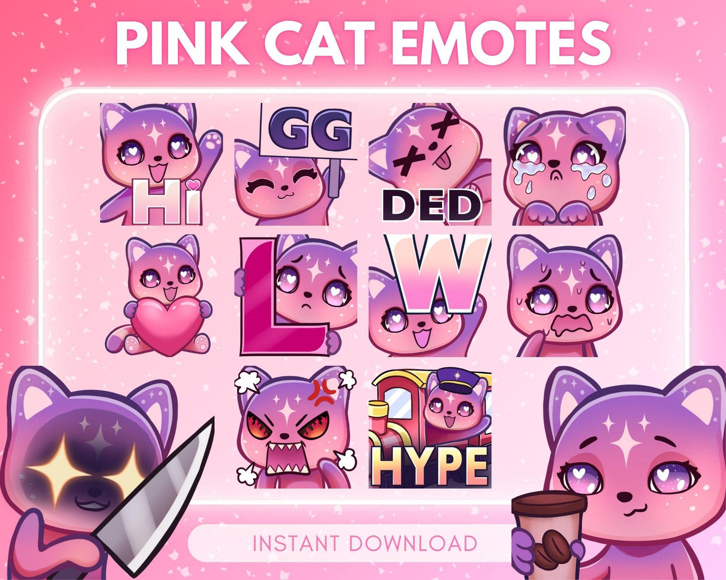 Cute chibi pink cosmic cat Emote Pack Steamer... | Emote Pack for Twitch & Discord