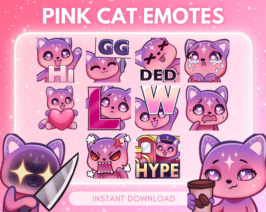 Cute chibi pink cosmic cat Emote Pack Steamer... | Emote Pack for Twitch & Discord