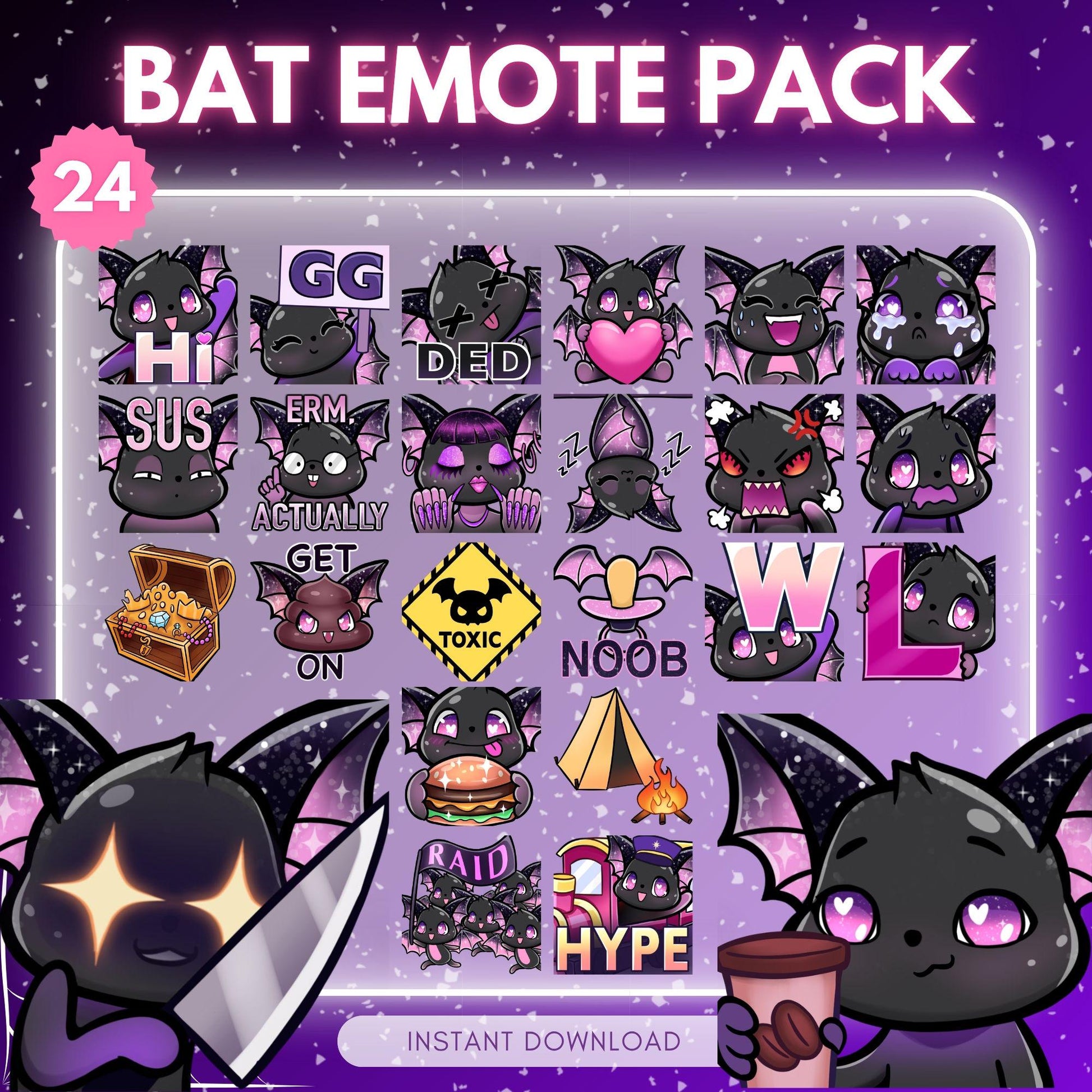 Cute black bat emotes for TWITCH & DISCORD - pack... | Emote Pack for Twitch & Discord