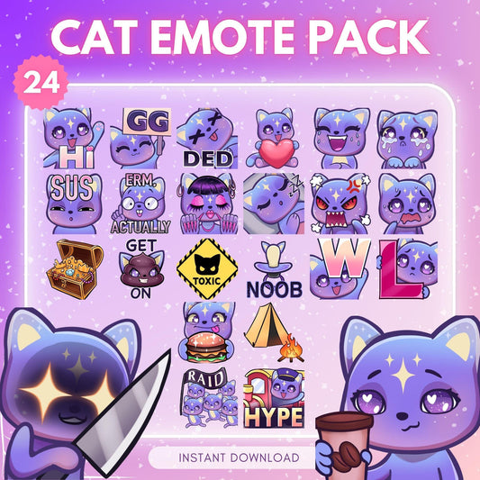 Cute chibi cosmic cat Emote Pack Steamer 24 pack... | Emote Pack for Twitch & Discord