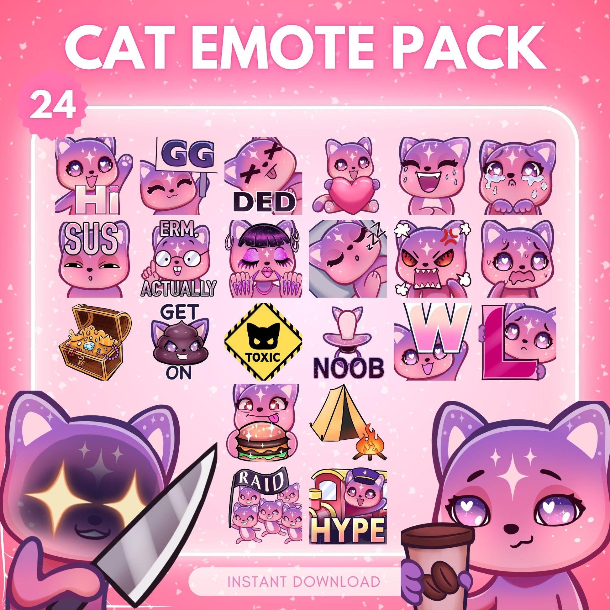 Cute chibi cosmic cat Emote Pack Steamer 24 pack... | Emote Pack for Twitch & Discord